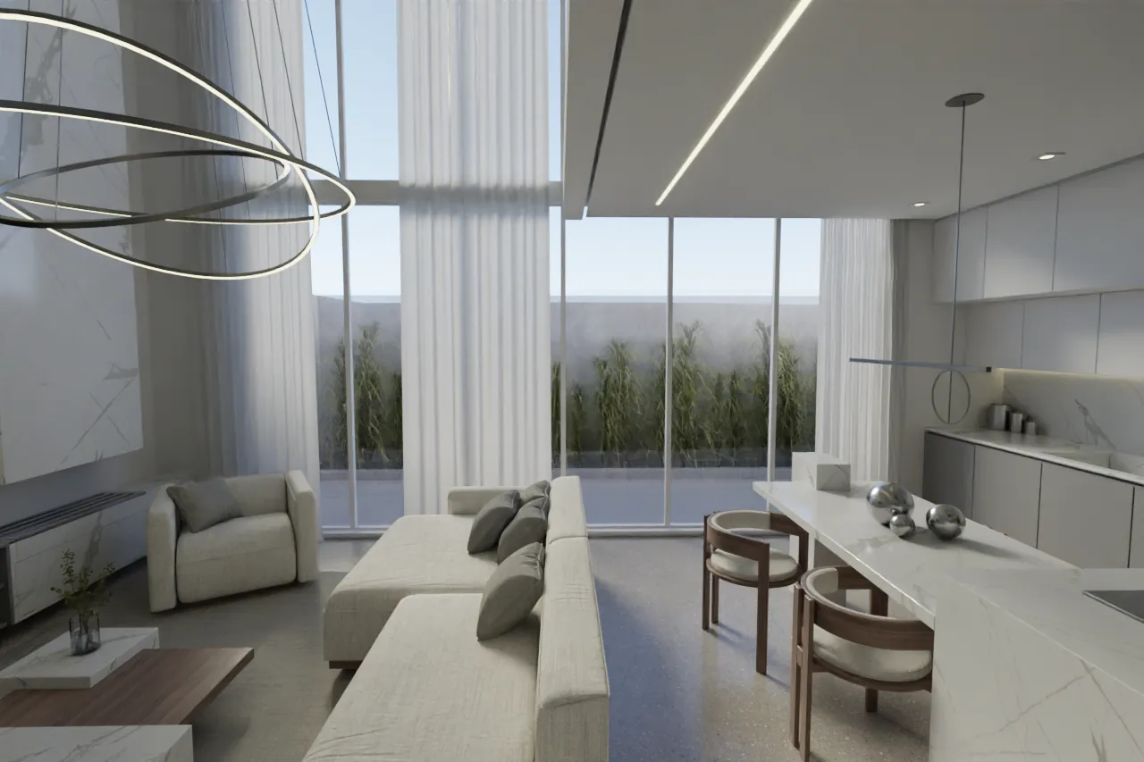 The daylight apartment: a still picture on one side, the walkthrough at the same spot on the other
