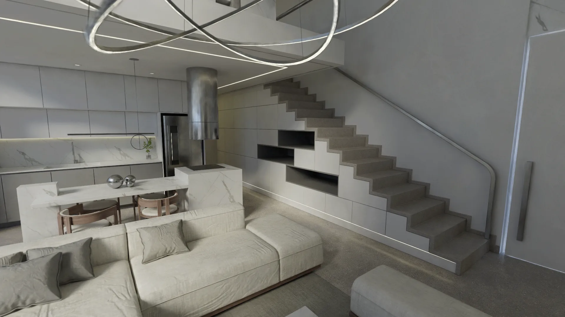 The Loft: a living room with tall windows and a marble kitchen