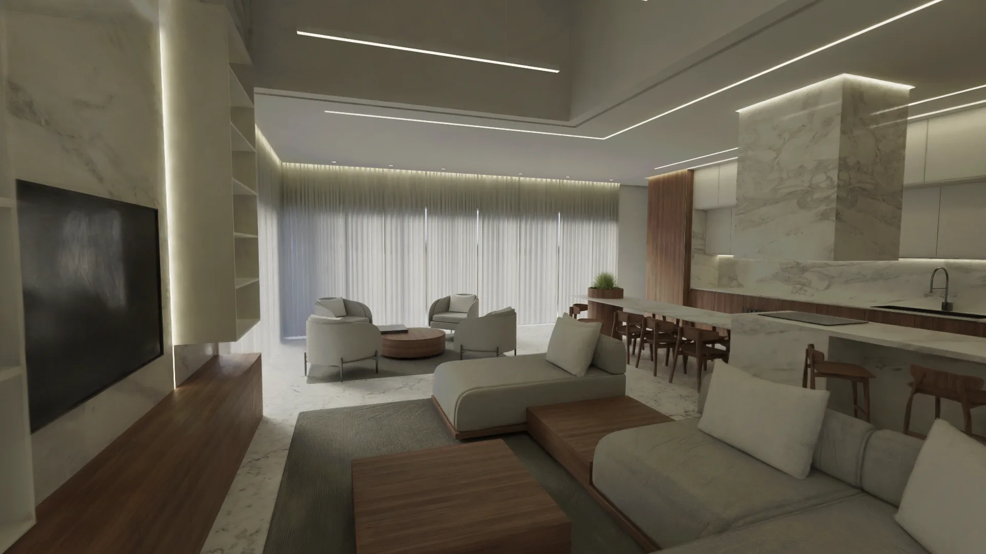 The Residence: a living room with a linen sofa and a marble wall in soft light